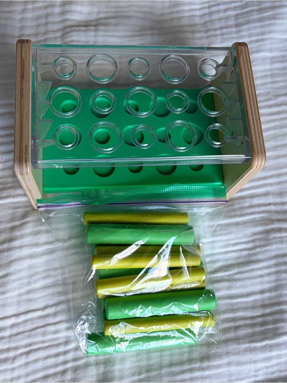 Lovevery Wood & Acrylic Green Peg Sorting Toy Organizer